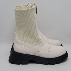 Ego Lucinda Off White Zip Front Knitted Ankle Biker Chunky Lug Sole Boots Size 9